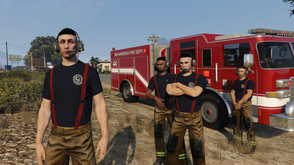 Could contain: outdoor, clothing, firefighter, sky, person, emergency service, vehicle, fire department, land vehicle, rescue, man, emergency, fire apparatus, tree, emergency vehicle, fire, ground, red, standing