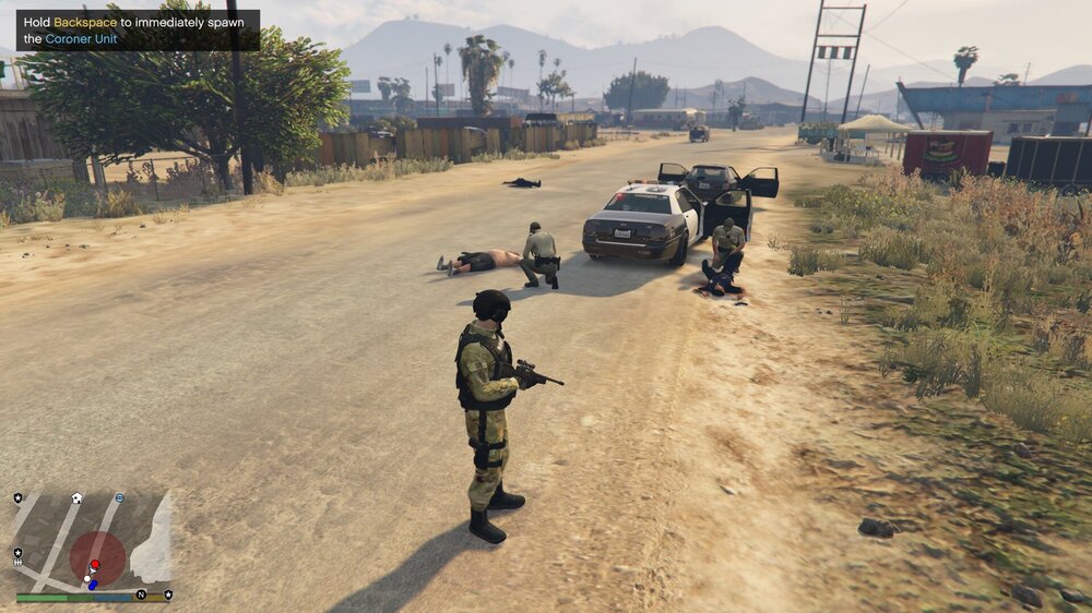 Could contain: outdoor, land vehicle, wheel, vehicle, weapon, text, sky, tree, ground, mountain, tire, screenshot, pc game