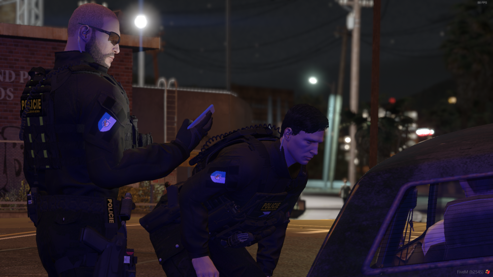 Could contain: clothing, outdoor, vehicle, car, person, land vehicle, law enforcement, police, night