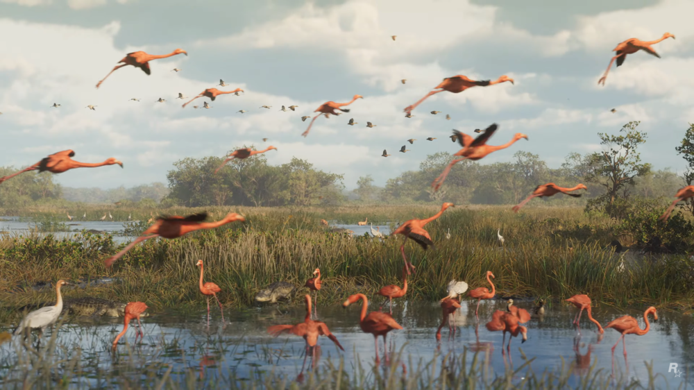Could contain: outdoor, aquatic bird, animal, sky, bird, cloud, plant, grass, water, animal migration, lake, flock, nature, greater flamingo, flamingo, group