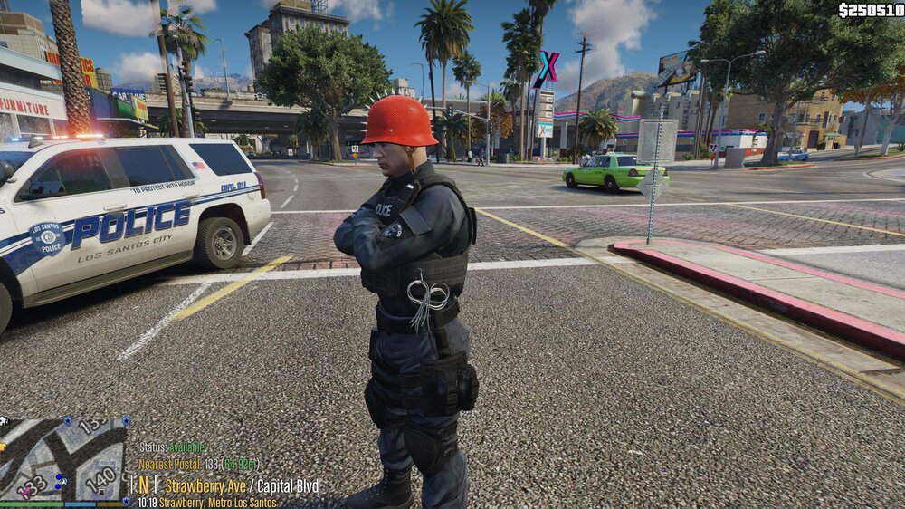 Could contain: vehicle, outdoor, land vehicle, sky, text, clothing, wheel, person, tree, footwear, law enforcement, road, ground, police, street, car