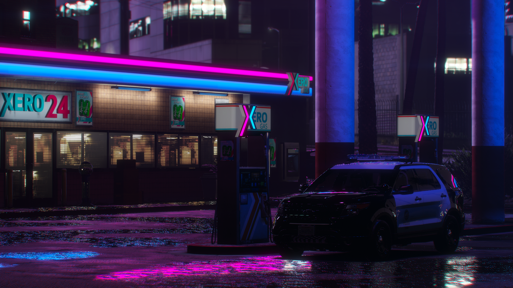 Could contain: vehicle, land vehicle, building, wheel, outdoor, text, street, automotive lighting, night, city, purple, light, car, parked