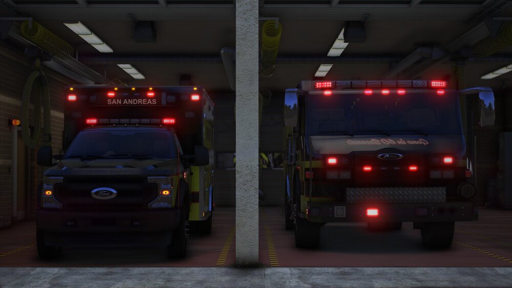 Could contain: vehicle, land vehicle, wheel, emergency service, transport, firefighter, emergency vehicle, auto part, tire, car, emergency, vehicle registration plate, automotive lighting, fire, automotive tail & brake light, road, ambulance, truck, outdoor, parked, light