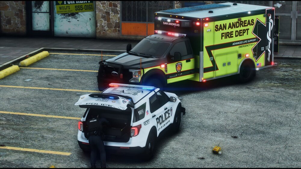 Could contain: text, vehicle, land vehicle, wheel, outdoor, transport, emergency service, emergency vehicle, emergency, road, mode of transport, auto part, tire, vehicle registration plate, motor vehicle, street, fire, police, ground, ambulance, van