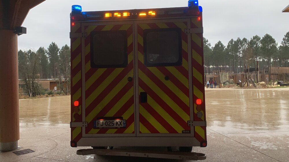 Could contain: outdoor, land vehicle, vehicle, transport, sky, tree, ground, wheel, emergency vehicle, emergency service, ambulance, emergency, street
