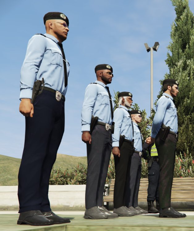 Could contain: clothing, outdoor, person, sky, tree, man, trousers, footwear, official, uniform, grass, standing