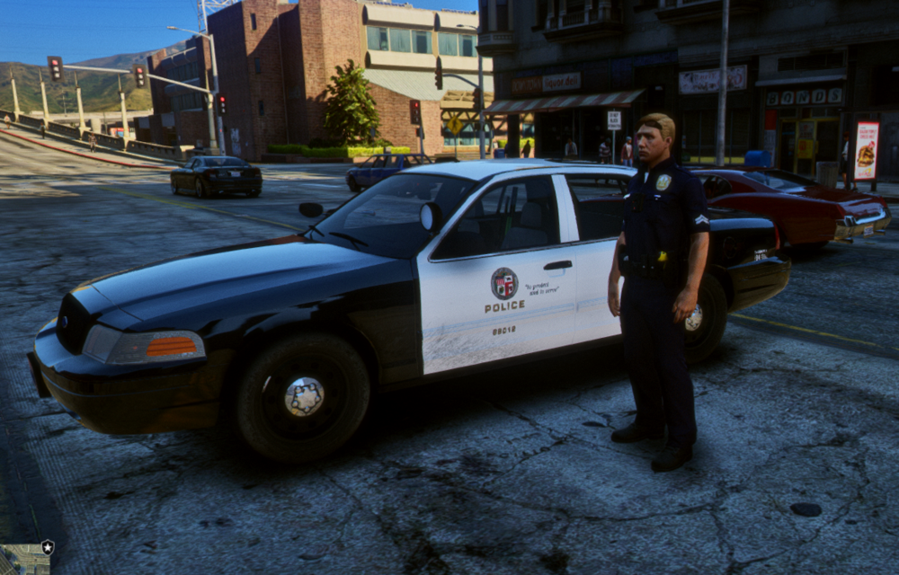 Could contain: vehicle, land vehicle, outdoor, wheel, tire, building, transport, ford crown victoria police interceptor, clothing, road, person, ground, police, street, car