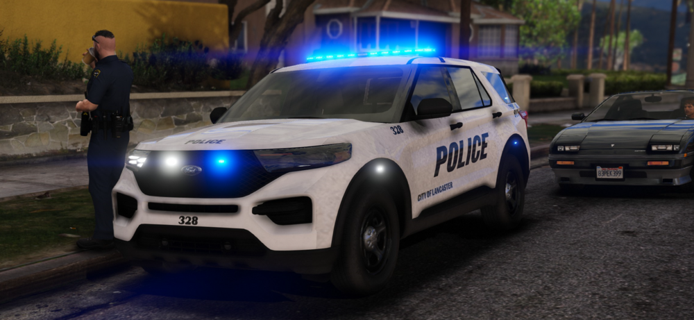 Could contain: vehicle, land vehicle, wheel, outdoor, tire, car, bumper, ford, auto part, law enforcement, police car, transport, vehicle registration plate, automotive exterior, automotive light bulb, sport utility vehicle, road, automotive design, ford motor company, motor vehicle, mitsubishi, full-size car, automotive lighting, person, police, blue, ground