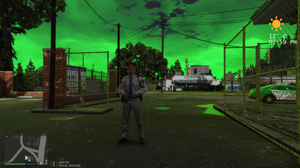 Could contain: tree, outdoor, plant, green, vehicle, land vehicle, pc game, grass, person, street