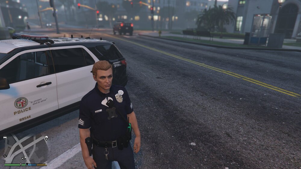 Could contain: vehicle, land vehicle, clothing, outdoor, person, wheel, road, tire, street, police, car, officer