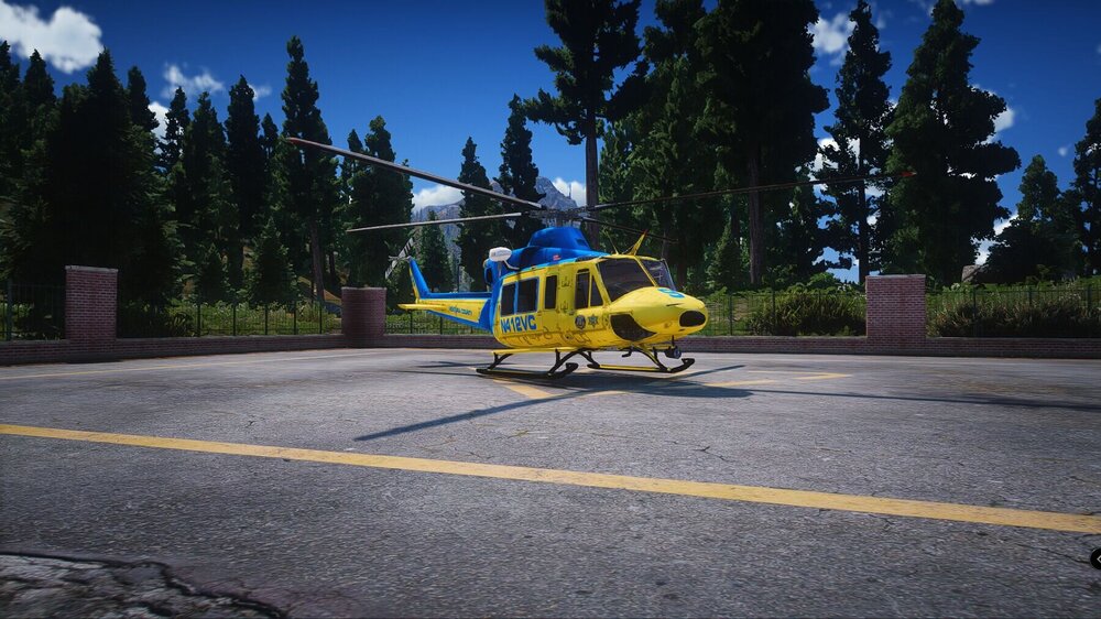 Could contain: outdoor, transport, tree, sky, aircraft, vehicle, ground, yellow, road, helicopter rotor, cloud, rotorcraft, helicopter