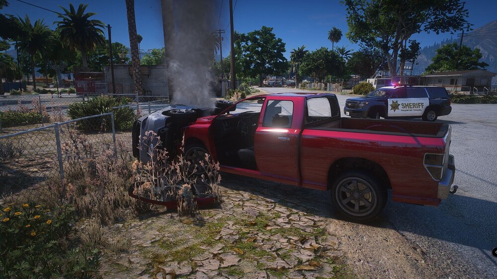 Could contain: outdoor, wheel, land vehicle, vehicle, tire, sky, tree, ground, auto part, car, red, transport, plant, pickup truck, parked, grass, purple, pickup