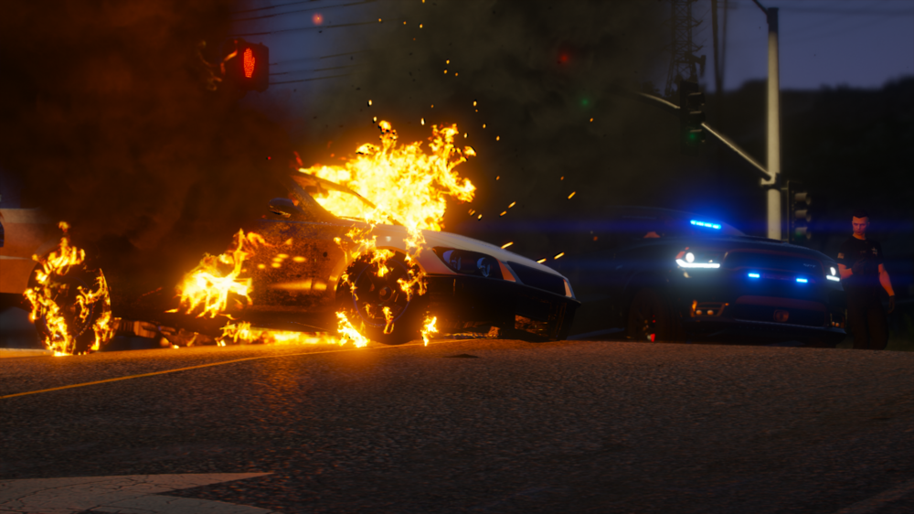 Could contain: outdoor, land vehicle, vehicle, sky, road, car, fire, light, heat, wheel, street, firefighter, flare, night