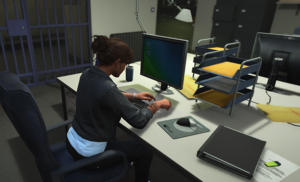 Could contain: indoor, office building, furniture, personal computer, computer monitor, person, computer, office chair, output device, computer desk, clothing, desktop computer, computer keyboard, wall, job, office equipment, computer network, computer hardware, desk, table, office, chair, floor