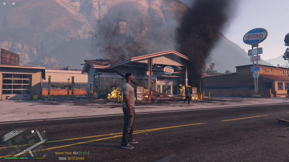 Could contain: outdoor, sky, pollution, screenshot, ground, street, mountain, smoke