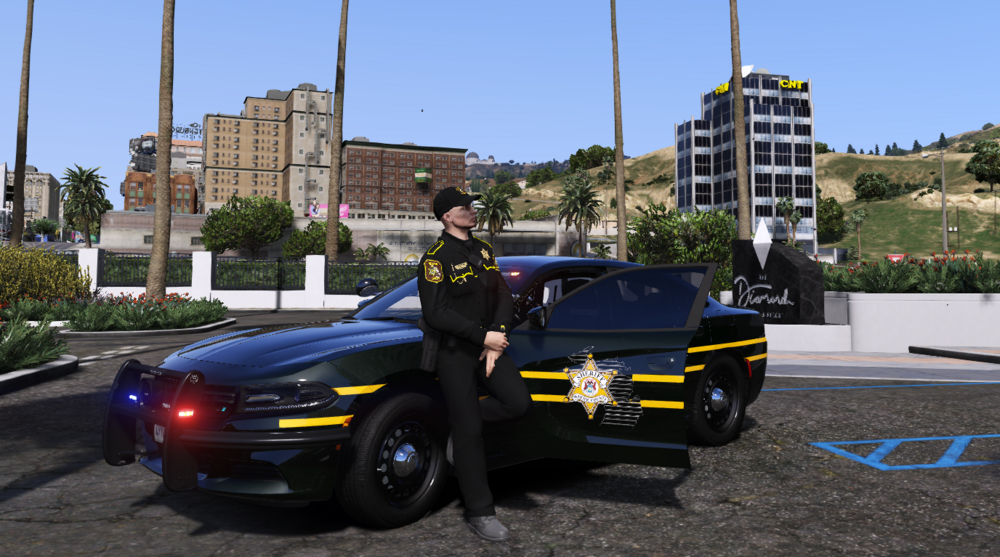 Could contain: outdoor, vehicle, land vehicle, wheel, sky, building, tire, road, car, sedan, person, officer, police