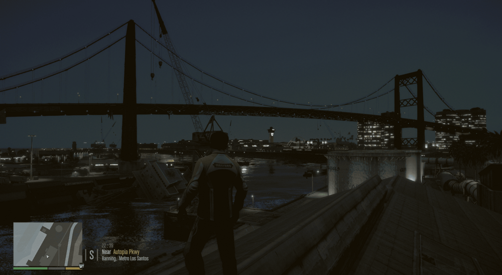 Could contain: outdoor, sky, suspension bridge, clothing, cable-stayed bridge, beam bridge, night, pier, person, city, bridge
