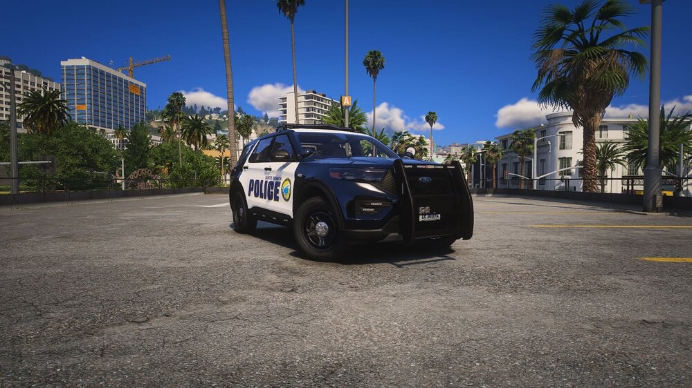 Could contain: vehicle, sky, outdoor, land vehicle, wheel, automotive design, transport, road, palm tree, tire, tree, automotive exterior, ground, street, car, blue, police