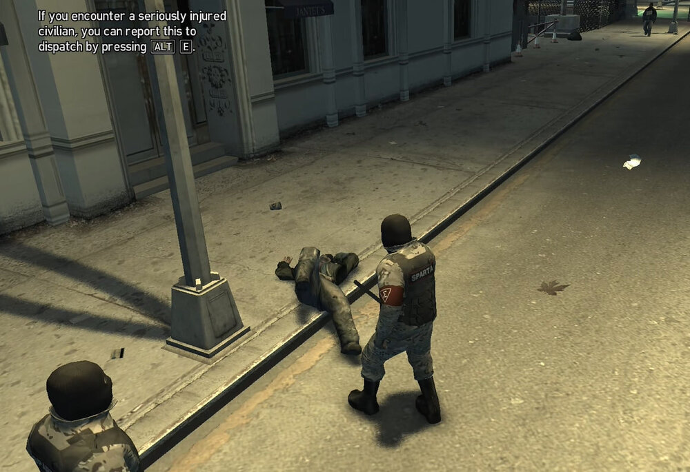 Could contain: clothing, outdoor, ground, weapon, screenshot, footwear, person, boy, street