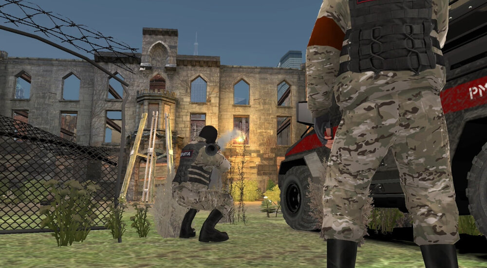 Could contain: wheel, tire, outdoor, vehicle, sky, land vehicle, building, auto part, soldier, grass, person, military