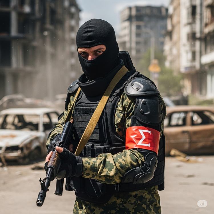 Could contain: outdoor, clothing, person, car, weapon, vehicle, building, land vehicle, ballistic vest, firearm, rifle, gun, military uniform, city, street