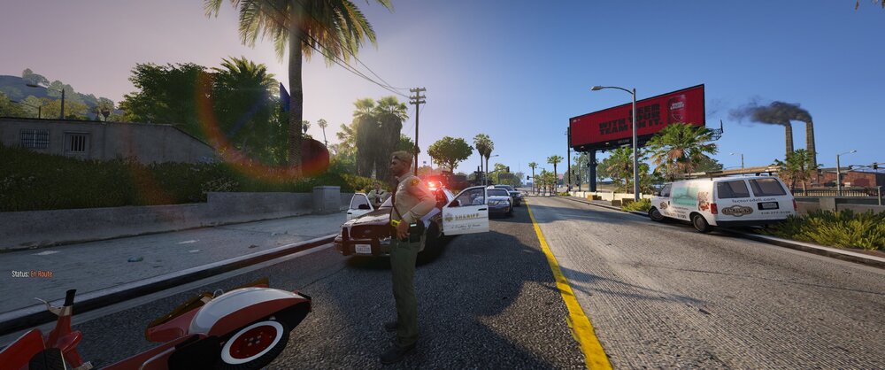 Could contain: outdoor, sky, road, tree, land vehicle, wheel, vehicle, road surface, asphalt, palm tree, street, ground, way