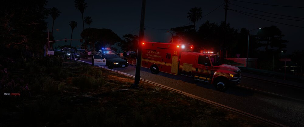 Could contain: outdoor, vehicle, land vehicle, sky, tree, road, electricity, transport, wheel, road surface, street light, truck, public utility, night, light, street, red