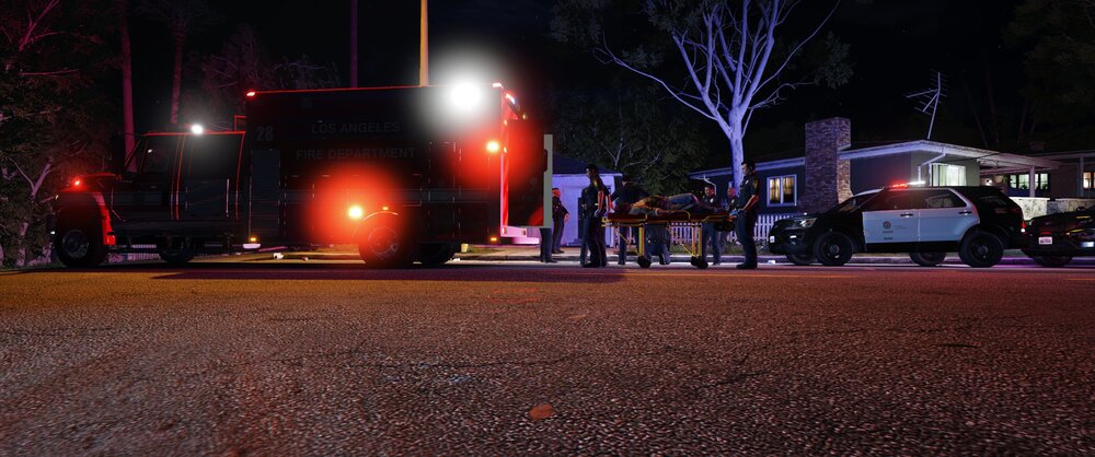 Could contain: outdoor, road, vehicle, land vehicle, street, light, tree, electricity, firefighter, street light, transport, night, road surface, ground, truck, people, city, parked