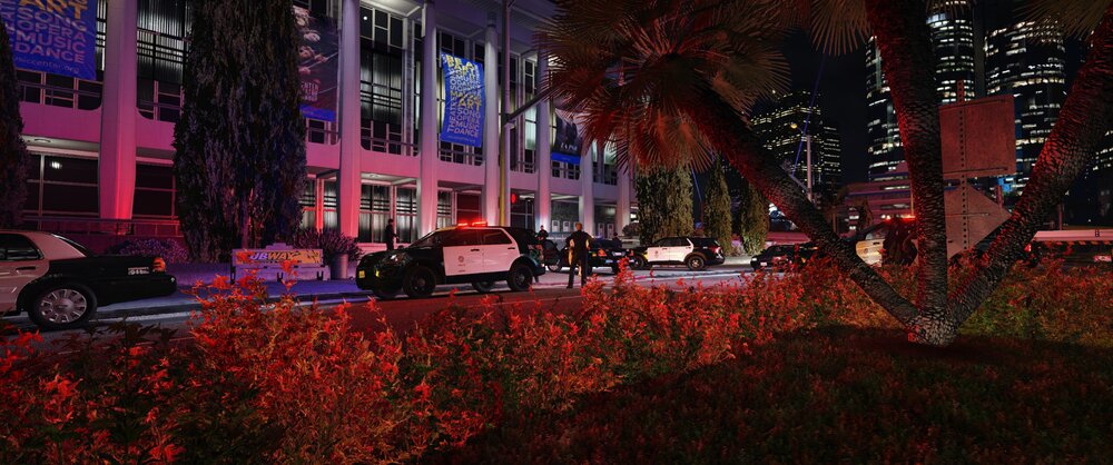 Could contain: outdoor, building, land vehicle, car, vehicle, tree, skyscraper, light, night, city, street, christmas