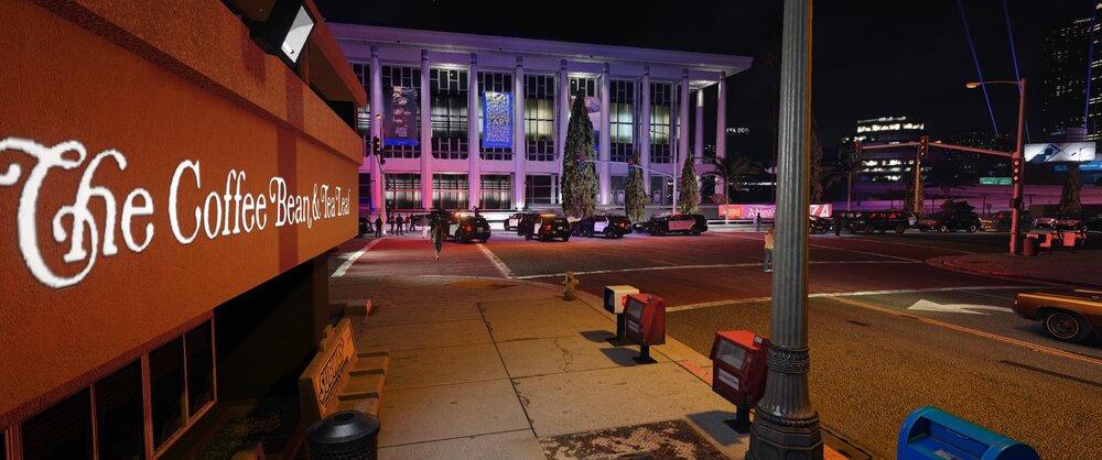 Could contain: building, outdoor, night, skyscraper, sky, street light, street, city, sign, ground, light, handcart, downtown