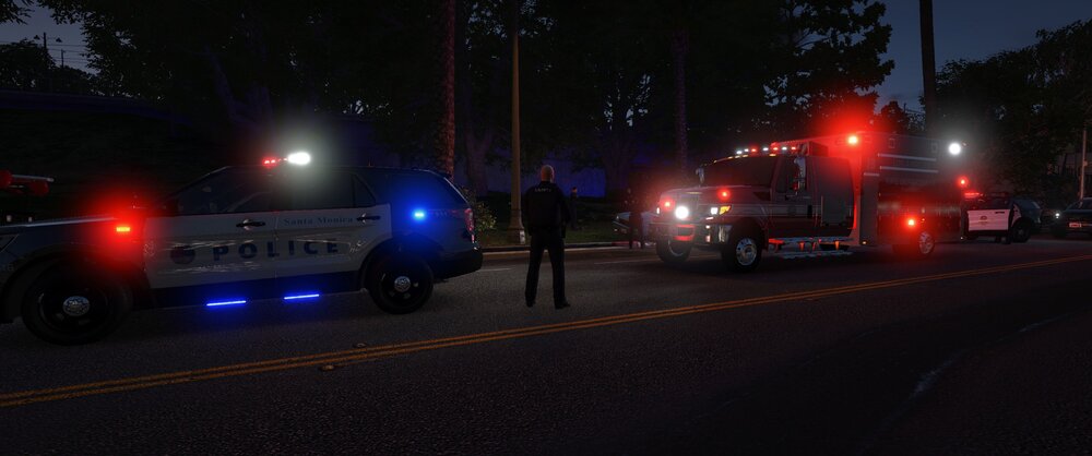 Could contain: outdoor, vehicle, land vehicle, transport, road, wheel, light, emergency service, emergency vehicle, street, tree, truck, sky, mode of transport, electricity, car, firefighter, emergency, road surface, night, fire