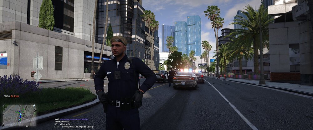 Could contain: outdoor, clothing, sky, tree, person, building, road, vehicle, land vehicle, man, car, skyscraper, officer, street, city