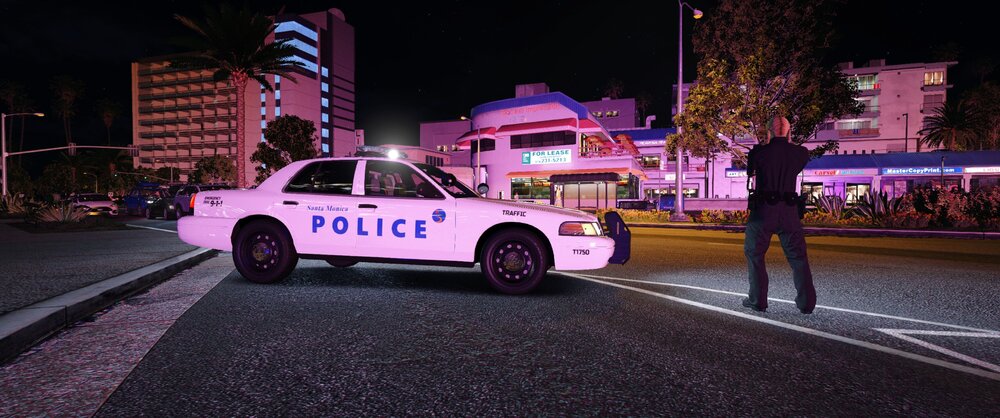 Could contain: vehicle, land vehicle, outdoor, wheel, road, building, street, transport, car, text, city, night, police, light