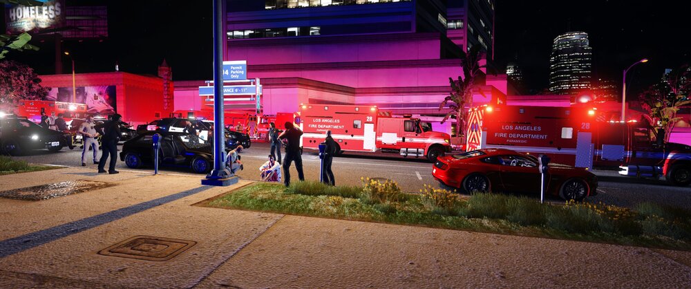 Could contain: outdoor, vehicle, land vehicle, building, firefighter, car, light, billboard, road, electricity, night, street, wheel, city, red