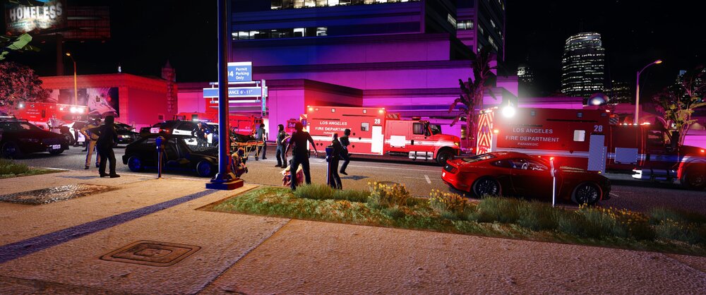 Could contain: outdoor, vehicle, land vehicle, firefighter, building, car, wheel, road, street, light, night, electricity, city, truck, fire, people, red, parked