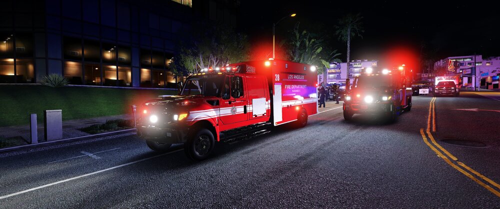 Could contain: vehicle, land vehicle, transport, firefighter, outdoor, wheel, fire, emergency service, truck, road, emergency vehicle, fire department, fire apparatus, emergency, auto part, street, light, night, ground, city, red, parked