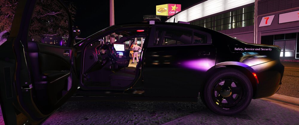 Could contain: vehicle, land vehicle, wheel, transport, outdoor, tire, car, auto part, road, automotive design, night, street, purple, parked