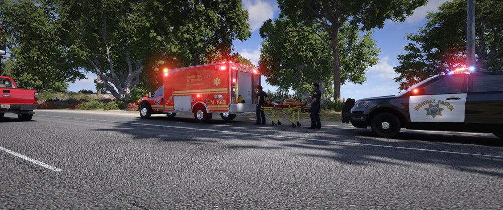 Could contain: outdoor, vehicle, land vehicle, road, wheel, tree, sky, firefighter, emergency service, emergency vehicle, emergency, transport, car, truck, road surface, tarmac, fire department, asphalt, fire apparatus, motor vehicle, text, mode of transport, vehicle registration plate, van, auto part, fire, street, ambulance, red, light