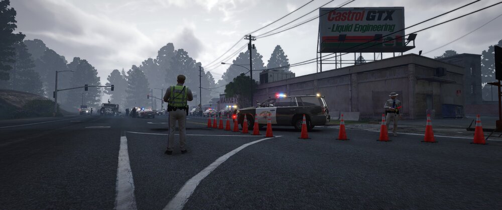 Could contain: outdoor, sky, cloud, road, firefighter, road surface, street, tree, lane, asphalt, thoroughfare, way, people