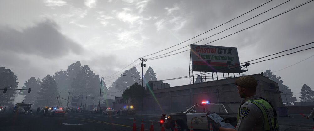 Could contain: sky, outdoor, cloud, firefighter, fog, tree, electricity, street, person, people