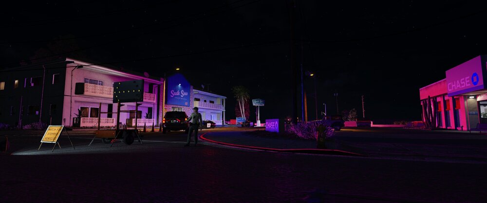 Could contain: outdoor, sky, building, night, road, magenta, electricity, light, street, purple, dark