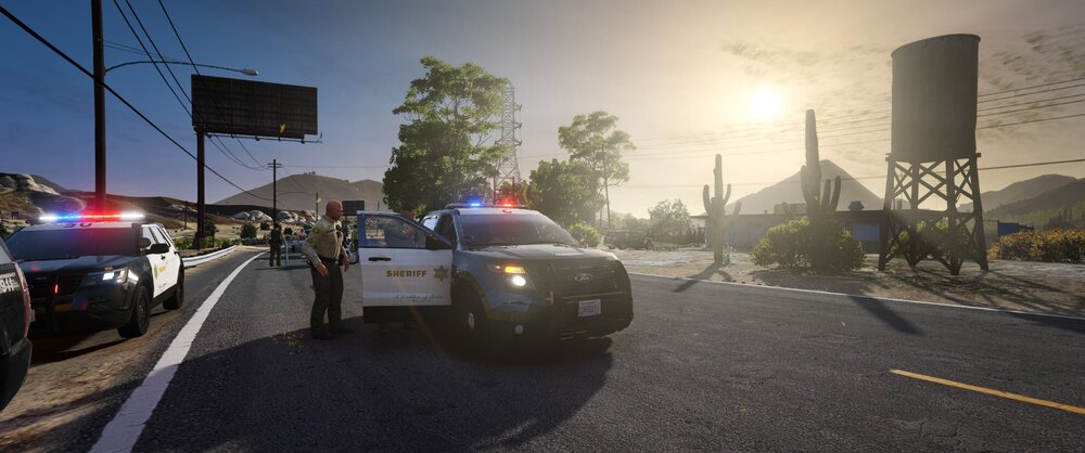 Could contain: outdoor, sky, land vehicle, vehicle, road, wheel, street, text, tree, tire, traffic, road surface, car, lane, thoroughfare, asphalt, city, police, light