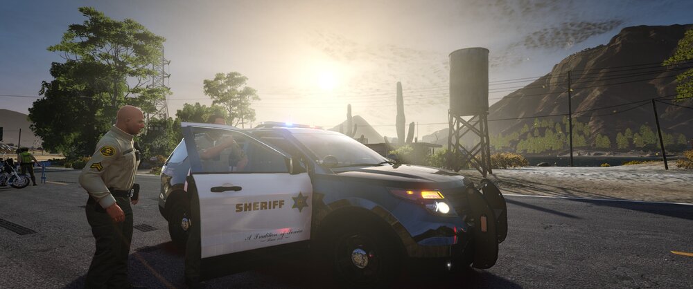 Could contain: outdoor, vehicle, sky, car, land vehicle, wheel, tree, road, tire, ground, rally, police, person, officer