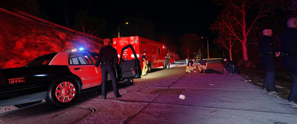 Could contain: vehicle, outdoor, land vehicle, wheel, tire, road, transport, automotive tail & brake light, night, firefighter, street, car, truck, red, parked, ground, light
