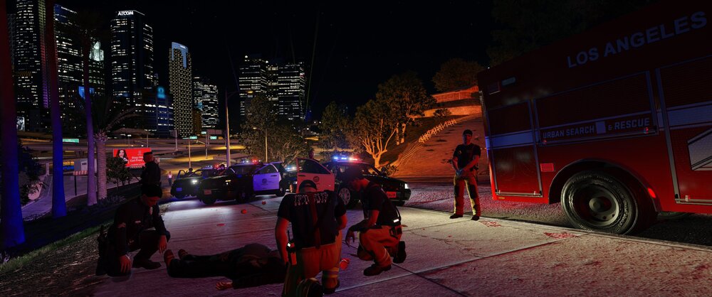 Could contain: outdoor, vehicle, building, land vehicle, wheel, bus, skyscraper, firefighter, night, city, street, ground, people, red, light