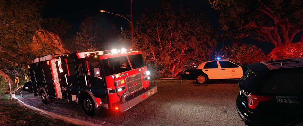 Could contain: vehicle, land vehicle, wheel, transport, truck, outdoor, fire, firefighter, emergency service, emergency vehicle, tire, fire department, tree, auto part, emergency, fire apparatus, road, night, street, light, parked, red