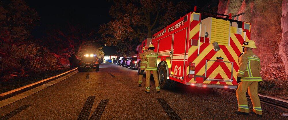 Could contain: outdoor, firefighter, tree, ground, light, street, night