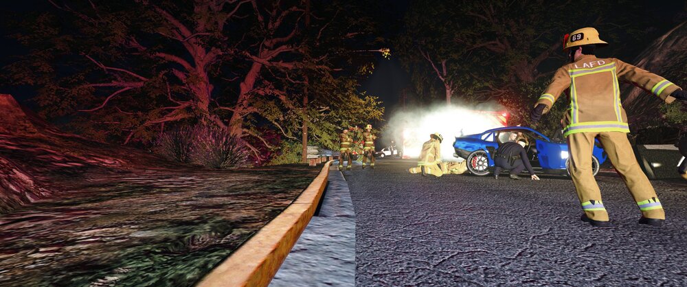 Could contain: outdoor, firefighter, tree, ground, clothing, man, plant, footwear, night, person, standing