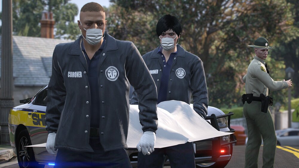 Could contain: outdoor, clothing, person, car, vehicle, land vehicle, tree, man, wheel, law enforcement, road, police officer, officer, police, standing