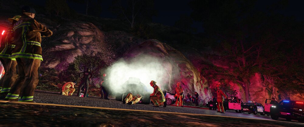 Could contain: firefighter, outdoor, people, fire, night, elephant